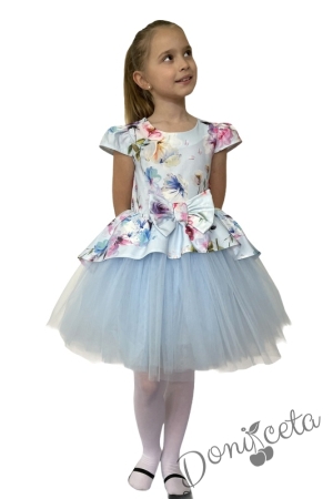 Официална детска рокля на цветя в светлосиньо с тюл