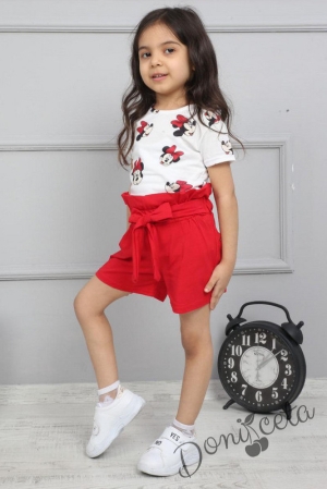 Детски комплект с къс ръкав с Мини Маус,къси панталонки в червено и лента за коса