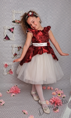 Официална детска рокля с къс ръкав в бордо на цветя с тюл в бяло 379 ВЕ