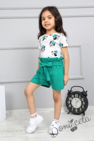 Детски комплект с къс ръкав с Мини Маус,къси панталонки в зелено и лента за коса
