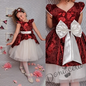 Официална детска рокля с къс ръкав в бордо на цветя с тюл в бяло 379 ВЕ