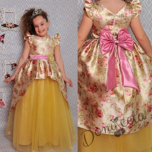 Официална дълга детска рокля в златисто с тюл 379 ЗФГРД