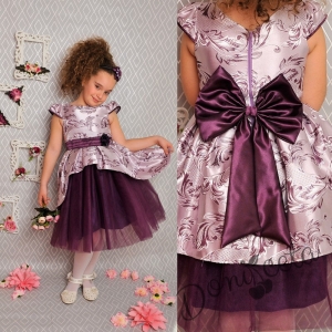 Официална детска рокля с къс ръкав в тъмнолилаво на цветя с тюл 379 ТСЛ