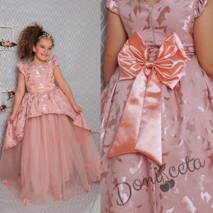 Официална дълга детска рокля в прасковено с тюл 379 ПД