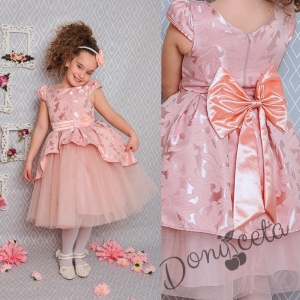 Официална детска рокля с къс ръкав в прасковено на цветя с тюл 379 П