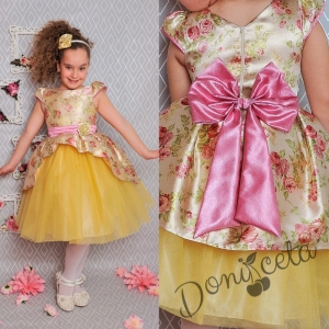 Официална детска рокля с къс ръкав в златисто на цветя с тюл 379 ЗФГР