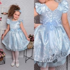 Официална детска рокля с къс ръкав в светлосиньо цветя с коланче 297 СС
