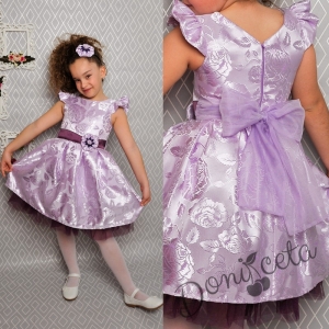 Официална детска рокля с къс ръкав в лилаво на цветя с коланче 297 СЛ