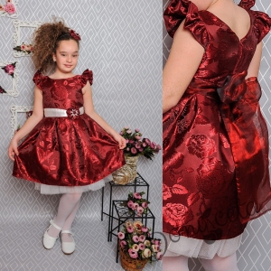 Официална детска рокля с къс ръкав  в бордо с коланче и тюл 297 ВЕ