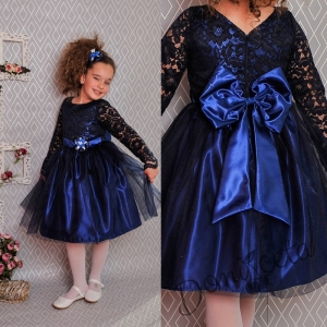 Официална детска рокля с дълъг ръкав с дантела и тюл в тъмносиньо 278 ТСДР
