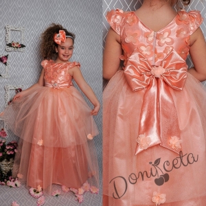 Официална дълга детска рокля в прасковено с тюл и панделка отзад 278 ППТД
