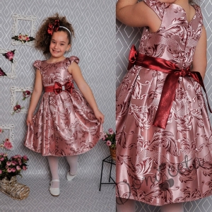 Официална детска рокля с къс ръкав в бордо с коланче 223 ФГВ