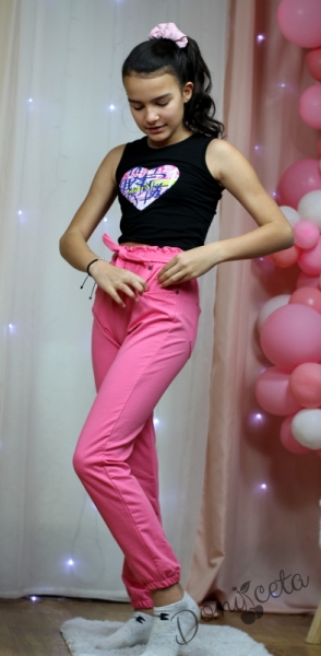 Детски свободен памучен панталон за момиче в розово 
