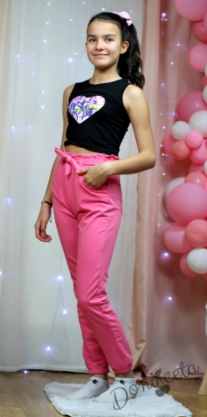 Детски свободен памучен панталон за момиче в розово 