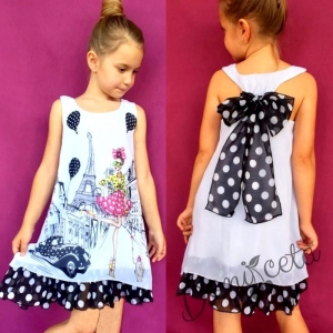 Детска лятна рокля в бяло с Париж и черни точки