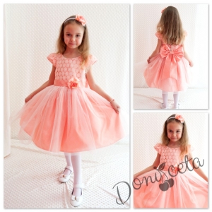 Официална детска рокля в прасковено с дантела и тюл и 3D розички Бояна