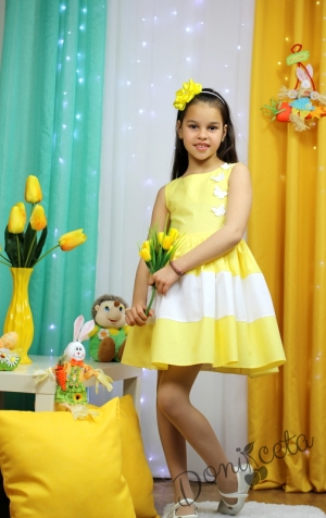 Официална детска рокля в жълто с пеперуди в бяло 