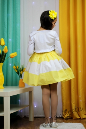 Комплект от детска рокля в жълто с пеперуди в бяло и болеро в бяло