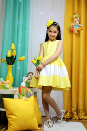 Комплект от детска рокля в жълто с пеперуди в бяло и болеро в бяло