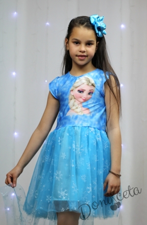 Детска официална рокля с къс ръкав с Анна и Елза в светлосиньо с тюл