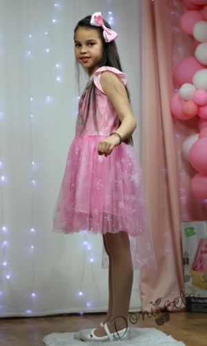 Детска официална рокля с къс ръкав с Анна и Елза в розово с тюл