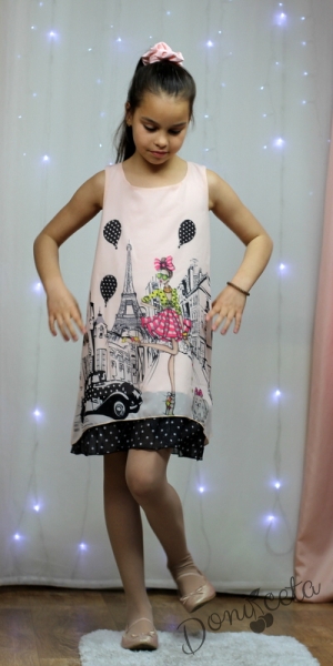 Детска лятна рокля в цвят пудра с Париж и черни точки 445644