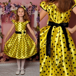 Официална детска рокля с къс ръкав в жълто на точки 270ЖЧ