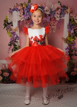 Официална детска рокля в червено с цветя и тюл 288-290ЦР