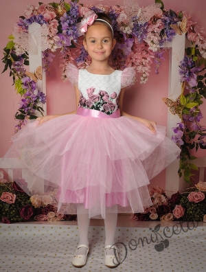 Официална детска рокля в розово с цветя и тюл 288-290РР