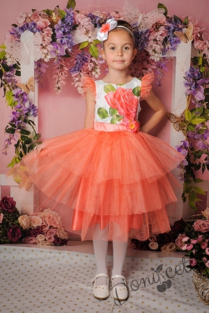 Официална детска рокля в прасковено с цветя и тюл 288-285РС