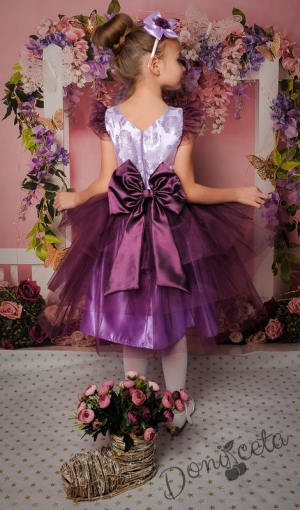 детска рокля в лилаво с тюл и голяма панделка