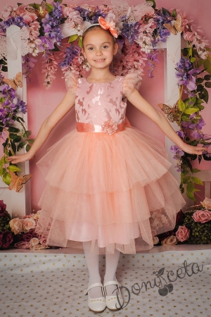 Официална детска рокля в прасковено с  тюл 288ПЖ