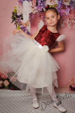 Официална детска рокля в бордо с тюл в бяло 288ВЖЕ