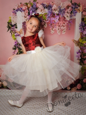детска рокля в бордо и бяло
