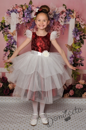 Официална детска рокля с къс ръкав в бордо с тюл в бяло 288ВЖВ