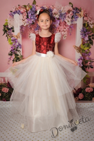 Официална дълга детска рокля с къс ръкав в бордо с тюл в бяло 288ВЖЕД