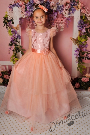 Официална дълга детска рокля с къс ръкав в прасковено с тюл 288ПЖД