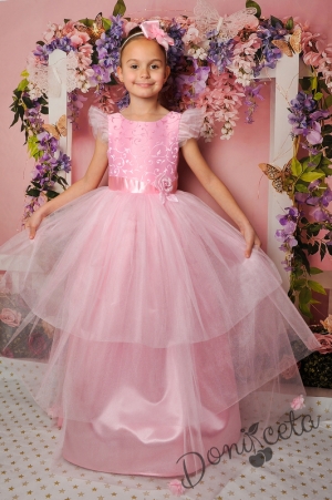 Официална дълга детска рокля с къс ръкав в розово с тюл 288РЖД