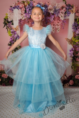 Официална дълга детска рокля с къс ръкав в светлосиньо с тюл 288ССЖД