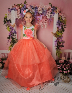 Официална дълга детска рокля в прасковено с цветя и тюл 288-282РСД