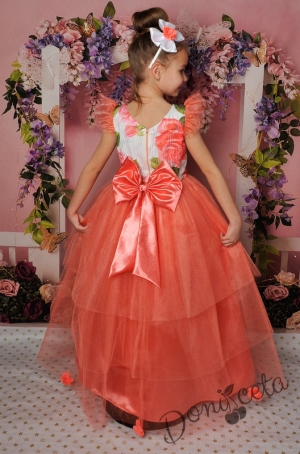 Официална дълга детска рокля в прасковено с цветя и тюл 288-282РСД