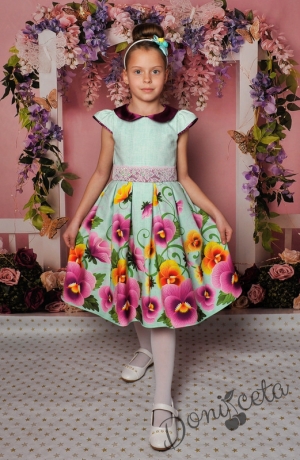 Официална детска рокля с къс ръкав на цветя 290Т