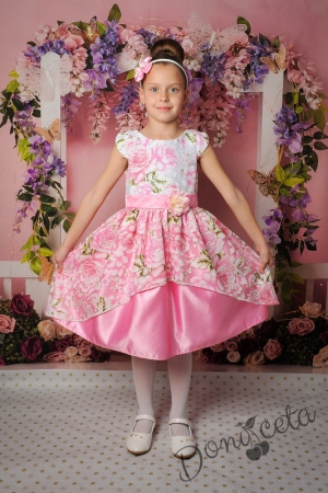 Официална детска рокля с къс ръкав в розово на цветя 283РР