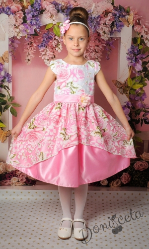 Официална детска рокля с къс ръкав в розово на цветя 283РР