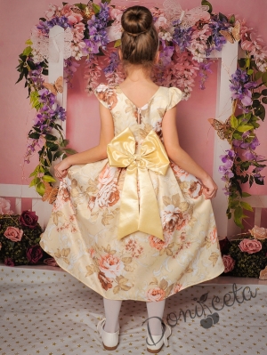 Официална детска рокля с къс ръкав в златисто на цветя 260-241КБ