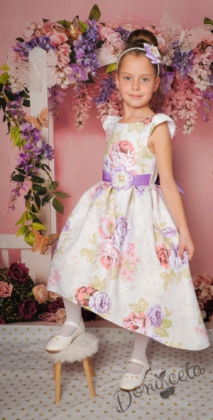 Официална детска рокля с къс ръкав в бяло на цветя 260-241ББ