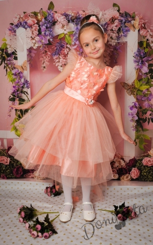 Официална детска рокля в прасковено с 3D цветя и тюл 298ПП