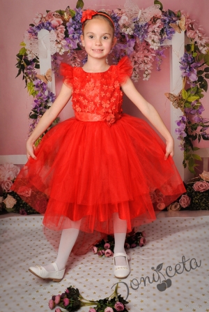 Официална детска рокля в червено с 3D цветя и тюл 298ЧЦ