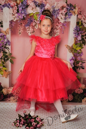 Официална детска рокля в циклама с 3D цветя и тюл 298ЦЦ