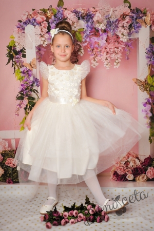 Официална детска рокля в екрю с 3D цветя и тюл 298ЕЦ